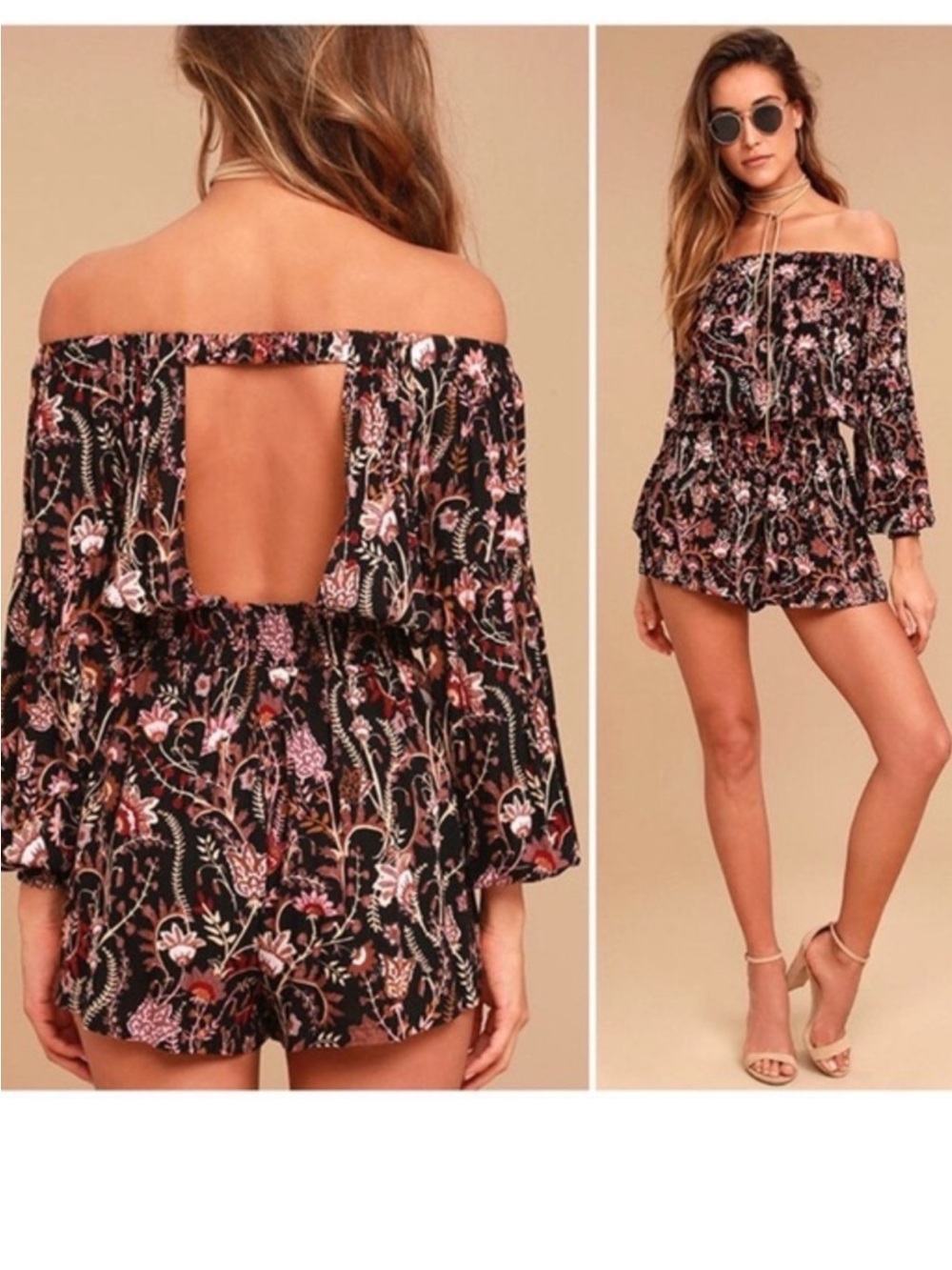 Free People Romper Womens XS Black Floral Cottagecore Off Shoulder Boho Bohemian
